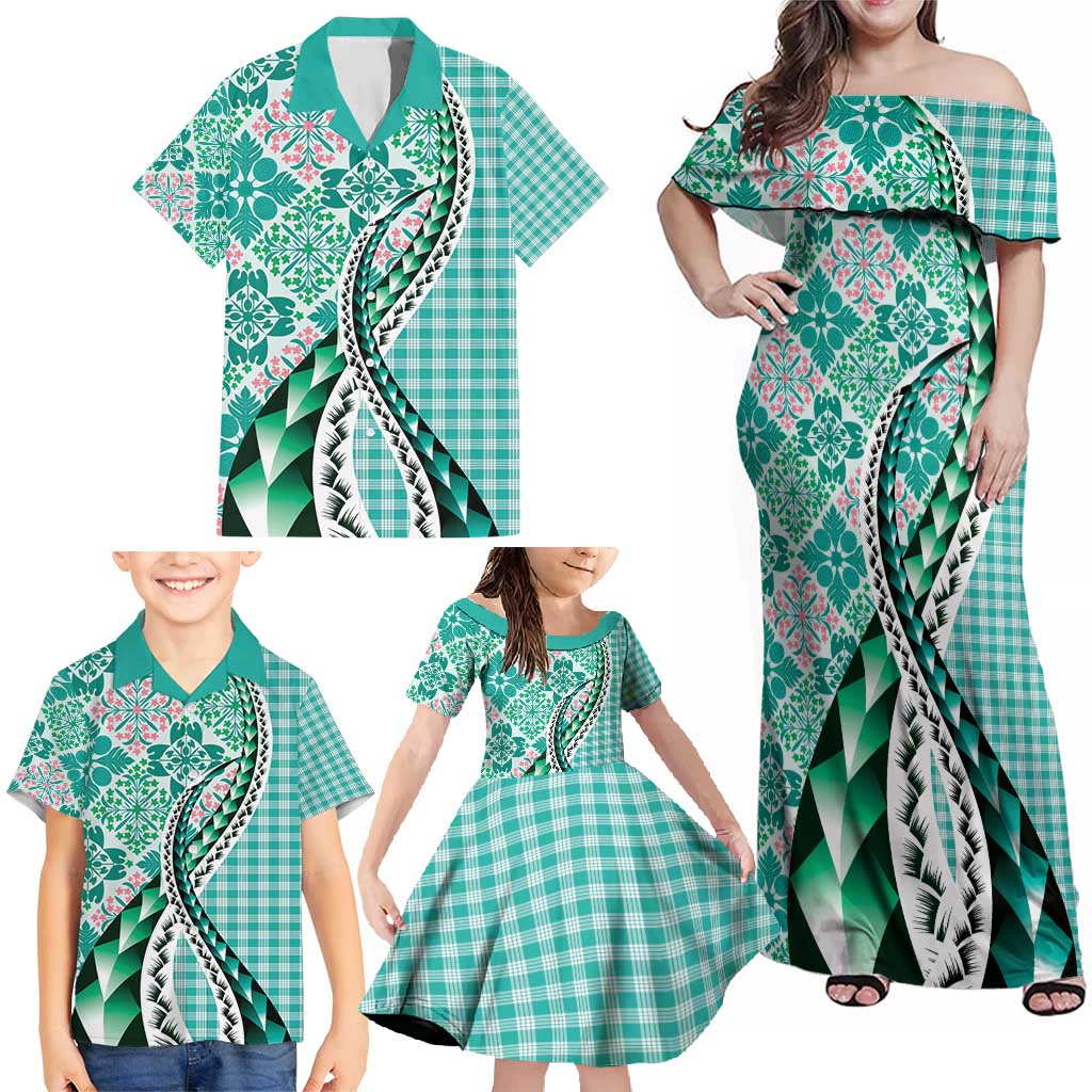 Aloha Vintage Palaka Floral Hawaiian Quilt Family Matching Off Shoulder Maxi Dress and Hawaiian Shirt Polu Motif - Polynesian Pride