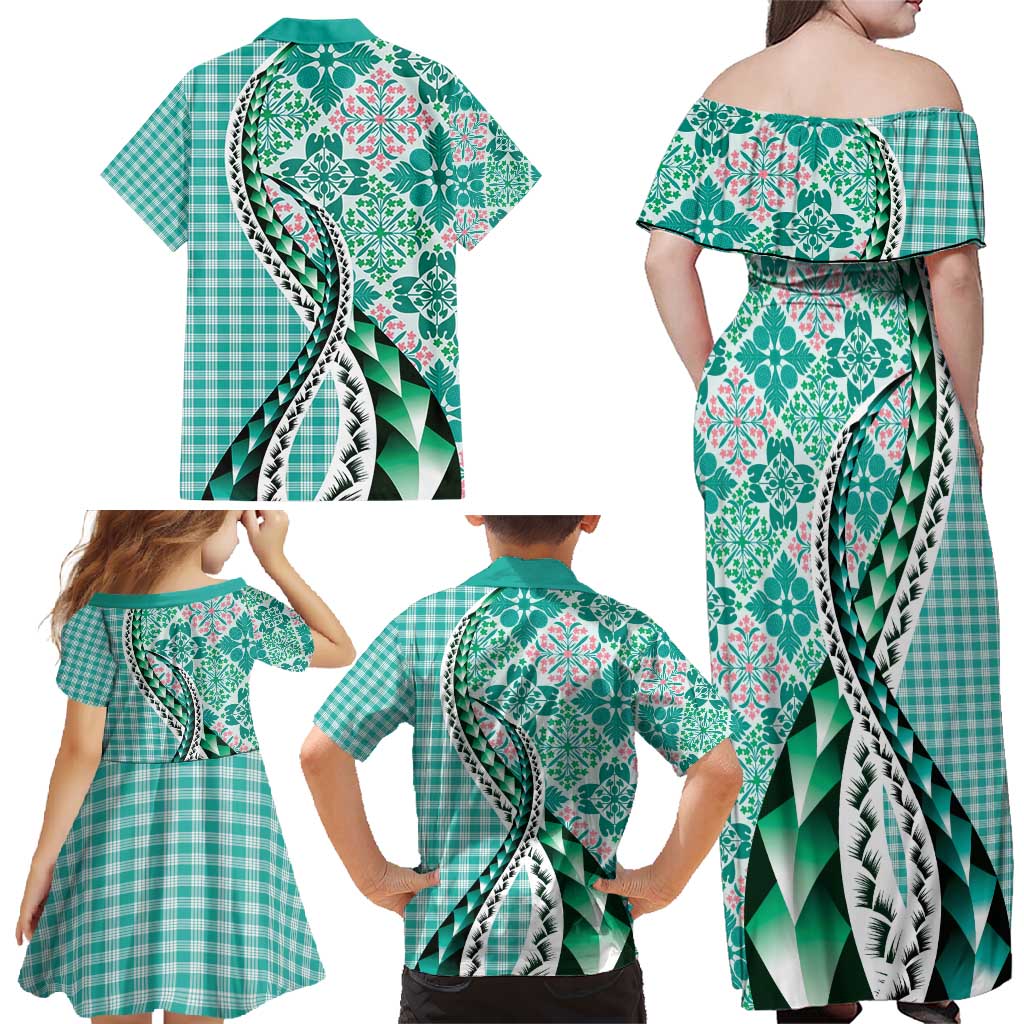 Aloha Vintage Palaka Floral Hawaiian Quilt Family Matching Off Shoulder Maxi Dress and Hawaiian Shirt Polu Motif - Polynesian Pride