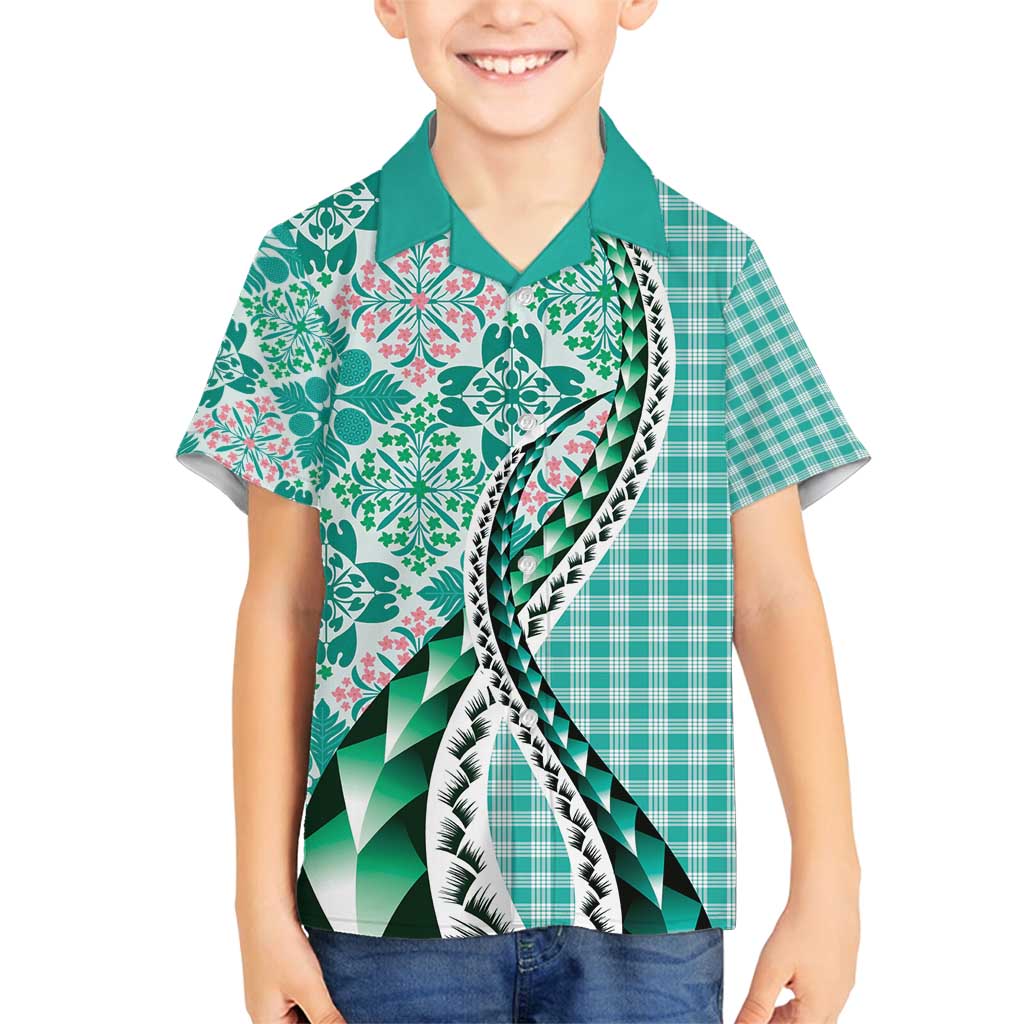 Aloha Vintage Palaka Floral Hawaiian Quilt Family Matching Off Shoulder Maxi Dress and Hawaiian Shirt Polu Motif - Polynesian Pride