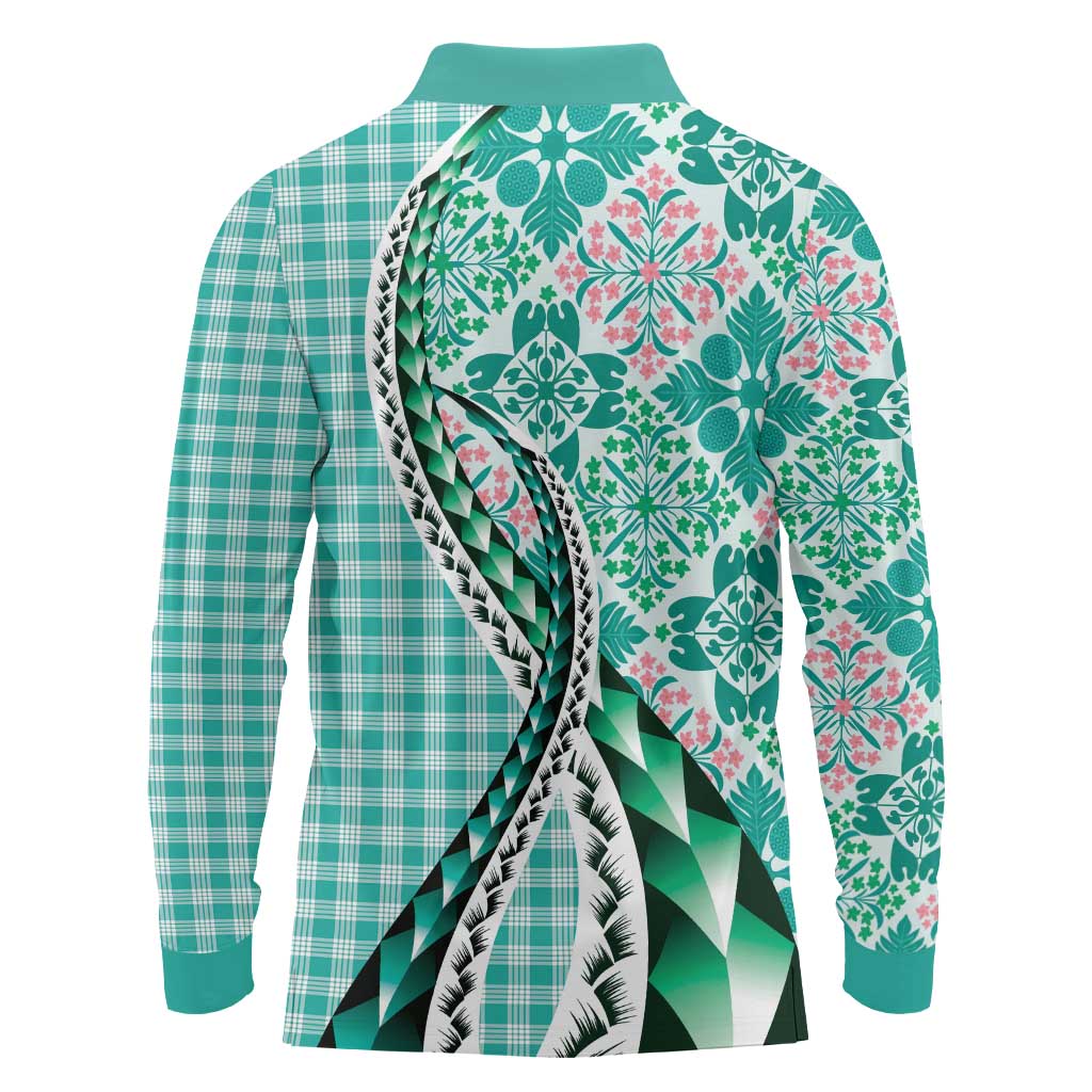 Aloha Vintage Palaka Floral Hawaiian Quilt Long Sleeve Polo Shirt Polu Motif - Polynesian Pride