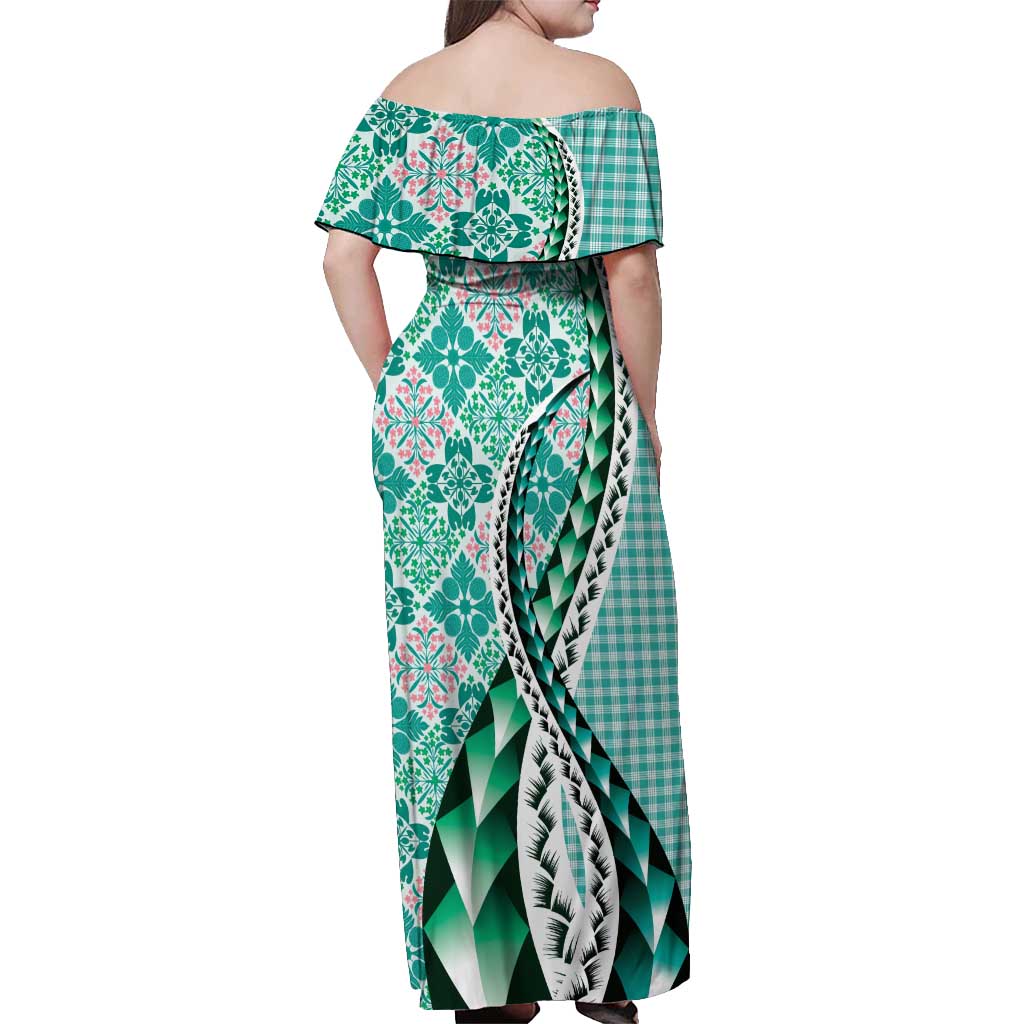 Aloha Vintage Palaka Floral Hawaiian Quilt Off Shoulder Maxi Dress Polu Motif - Polynesian Pride