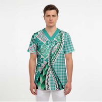 Aloha Vintage Palaka Floral Hawaiian Quilt Scrub Top Polu Motif - Polynesian Pride