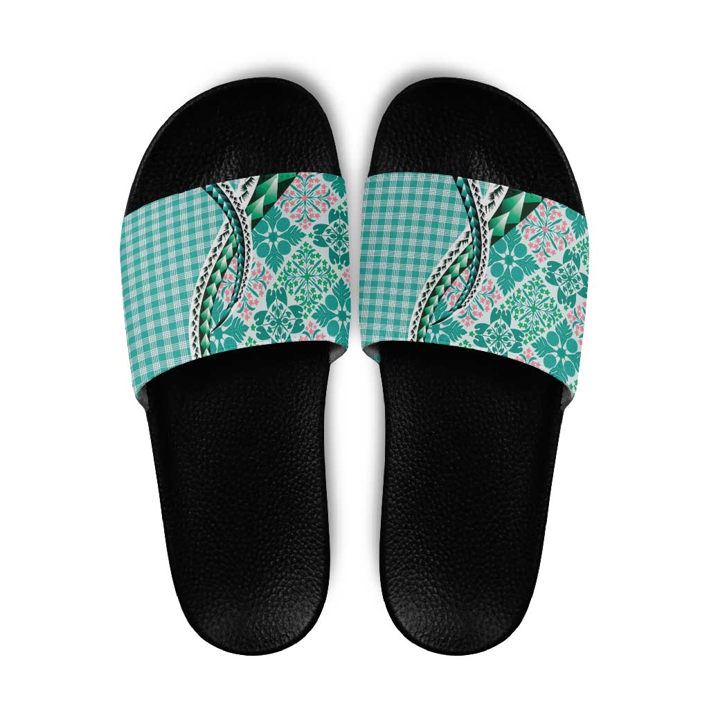 Aloha Vintage Palaka Floral Hawaiian Quilt Slide Sandals Polu Motif - Polynesian Pride