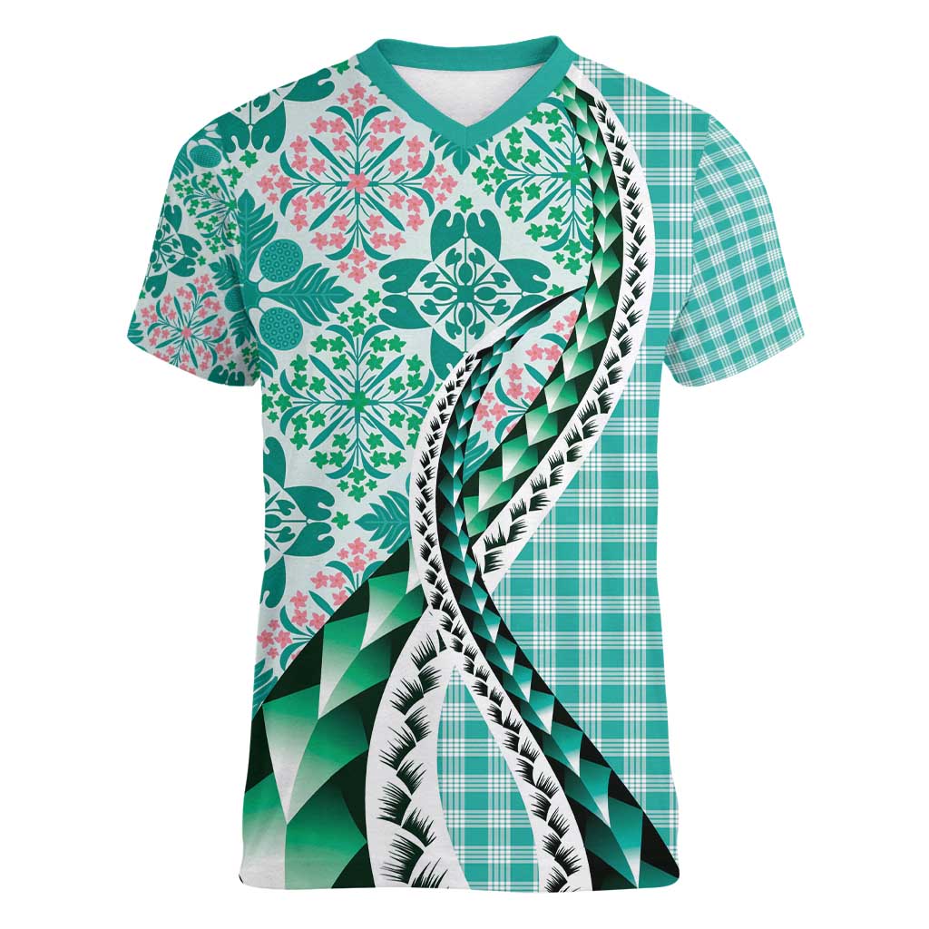 Aloha Vintage Palaka Floral Hawaiian Quilt Women V-Neck T-Shirt Polu Motif - Polynesian Pride