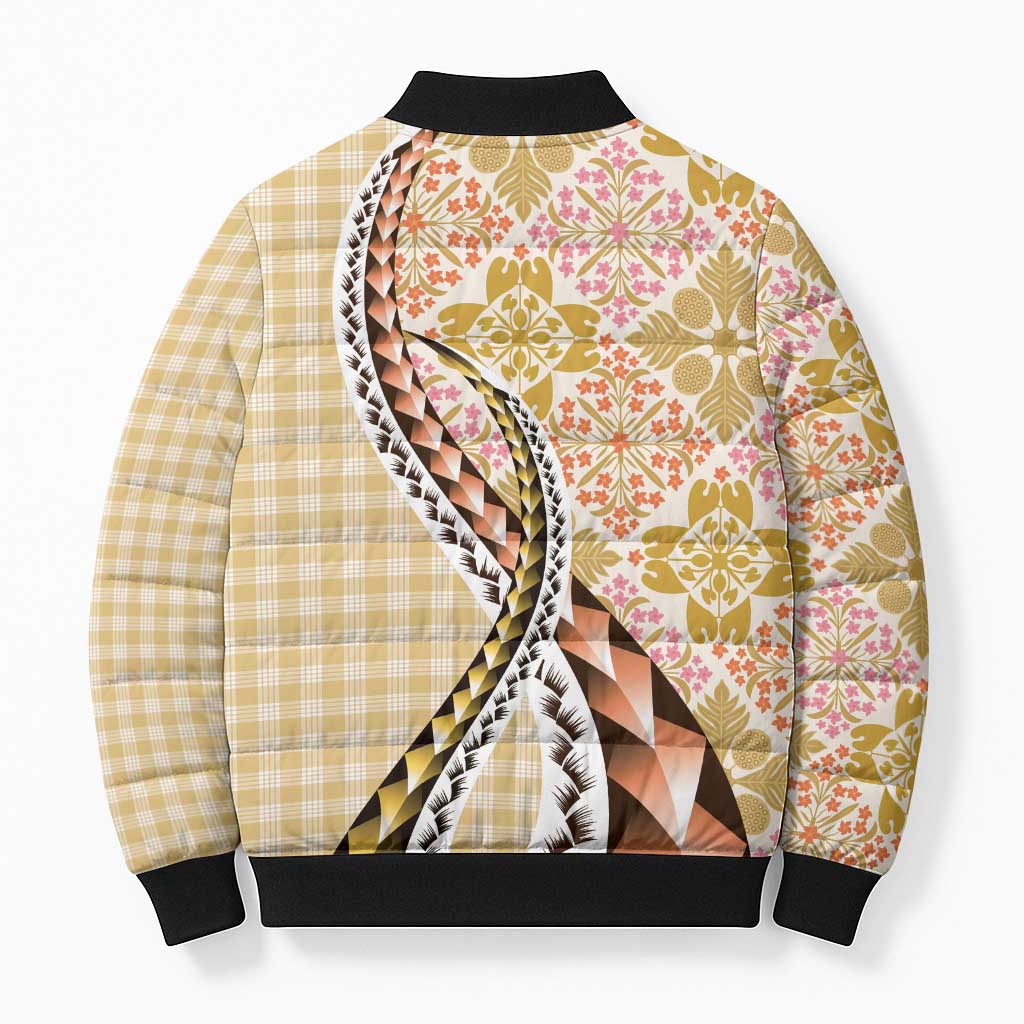 Aloha Vintage Palaka Floral Hawaiian Quilt Bomber Puffer Jacket Melemele Motif - Polynesian Pride