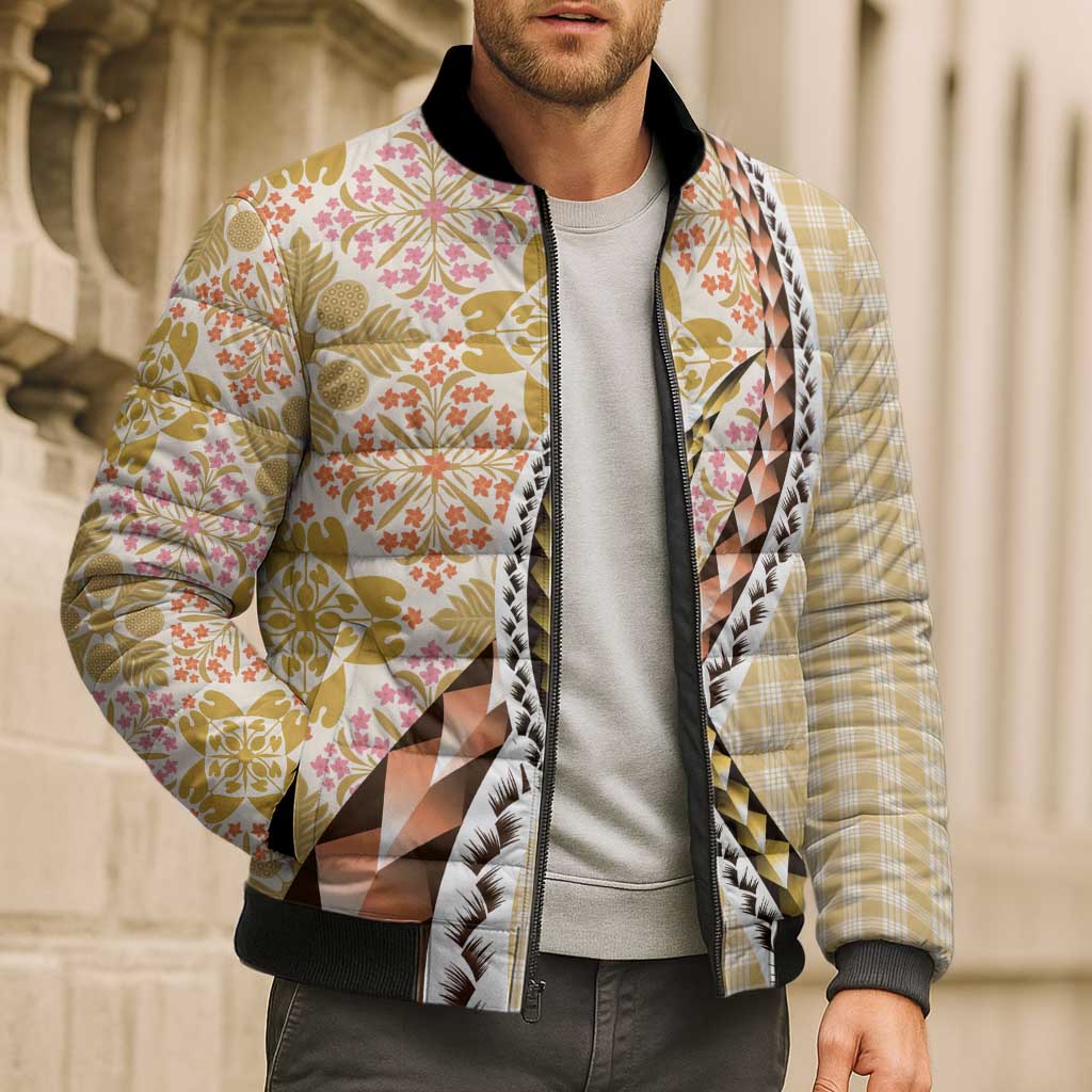 Aloha Vintage Palaka Floral Hawaiian Quilt Bomber Puffer Jacket Melemele Motif - Polynesian Pride