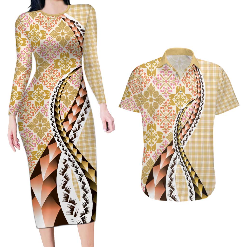Aloha Vintage Palaka Floral Hawaiian Quilt Couples Matching Long Sleeve Bodycon Dress and Hawaiian Shirt Melemele Motif - Polynesian Pride