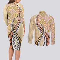 Aloha Vintage Palaka Floral Hawaiian Quilt Couples Matching Long Sleeve Bodycon Dress and Long Sleeve Button Shirt Melemele Motif - Polynesian Pride