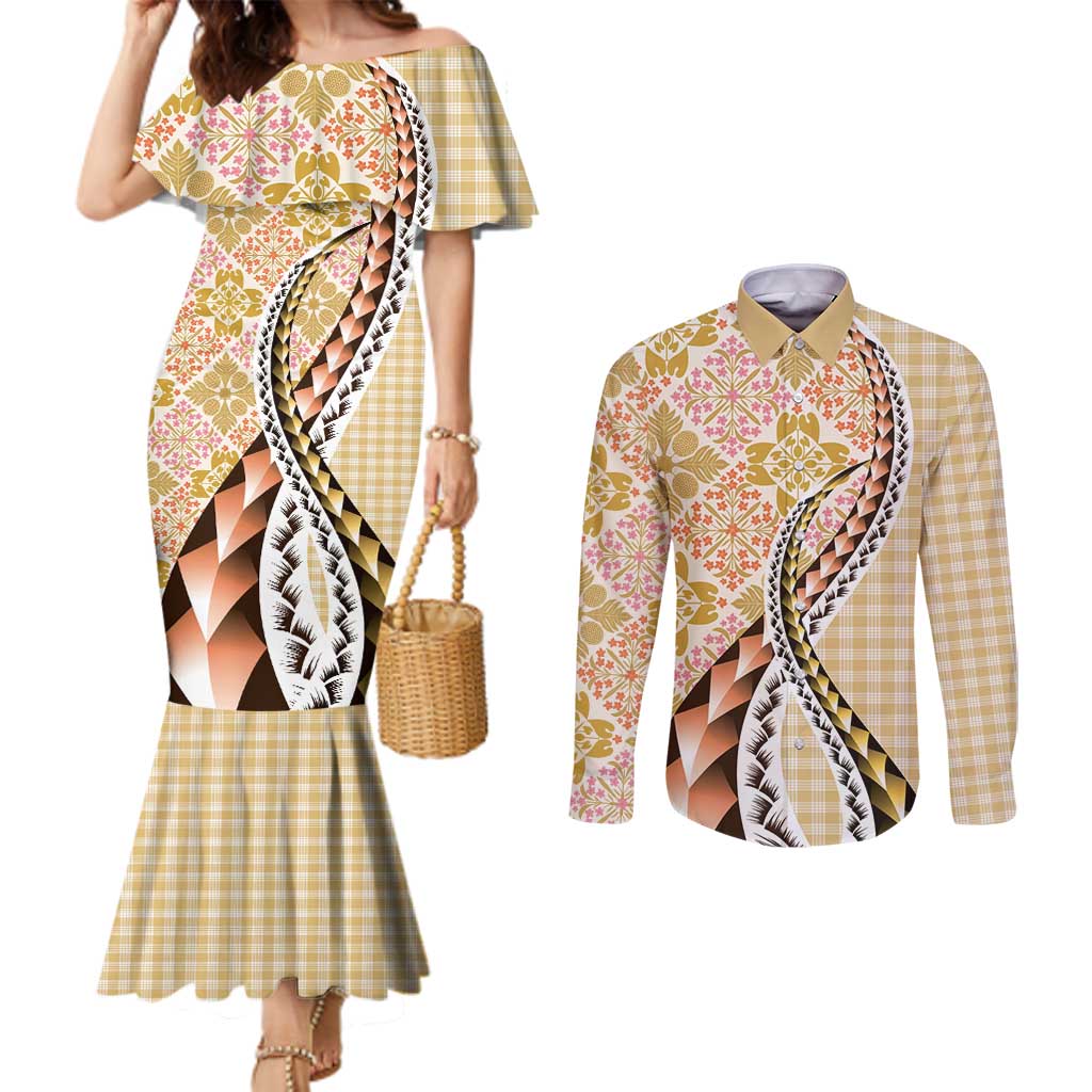 Aloha Vintage Palaka Floral Hawaiian Quilt Couples Matching Mermaid Dress and Long Sleeve Button Shirt Melemele Motif - Polynesian Pride