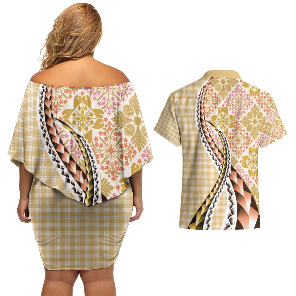 Aloha Vintage Palaka Floral Hawaiian Quilt Couples Matching Off Shoulder Short Dress and Hawaiian Shirt Melemele Motif - Polynesian Pride