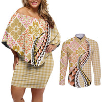 Aloha Vintage Palaka Floral Hawaiian Quilt Couples Matching Off Shoulder Short Dress and Long Sleeve Button Shirt Melemele Motif - Polynesian Pride