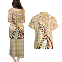 Aloha Vintage Palaka Floral Hawaiian Quilt Couples Matching Puletasi and Hawaiian Shirt Melemele Motif - Polynesian Pride