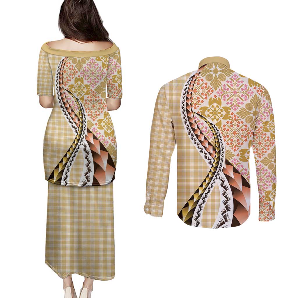 Aloha Vintage Palaka Floral Hawaiian Quilt Couples Matching Puletasi and Long Sleeve Button Shirt Melemele Motif - Polynesian Pride