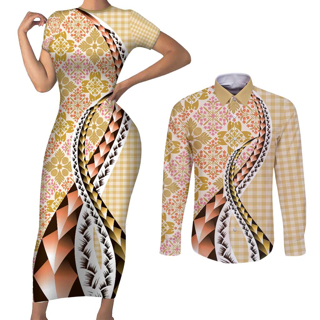 Aloha Vintage Palaka Floral Hawaiian Quilt Couples Matching Short Sleeve Bodycon Dress and Long Sleeve Button Shirt Melemele Motif - Polynesian Pride