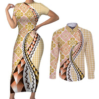 Aloha Vintage Palaka Floral Hawaiian Quilt Couples Matching Short Sleeve Bodycon Dress and Long Sleeve Button Shirt Melemele Motif - Polynesian Pride