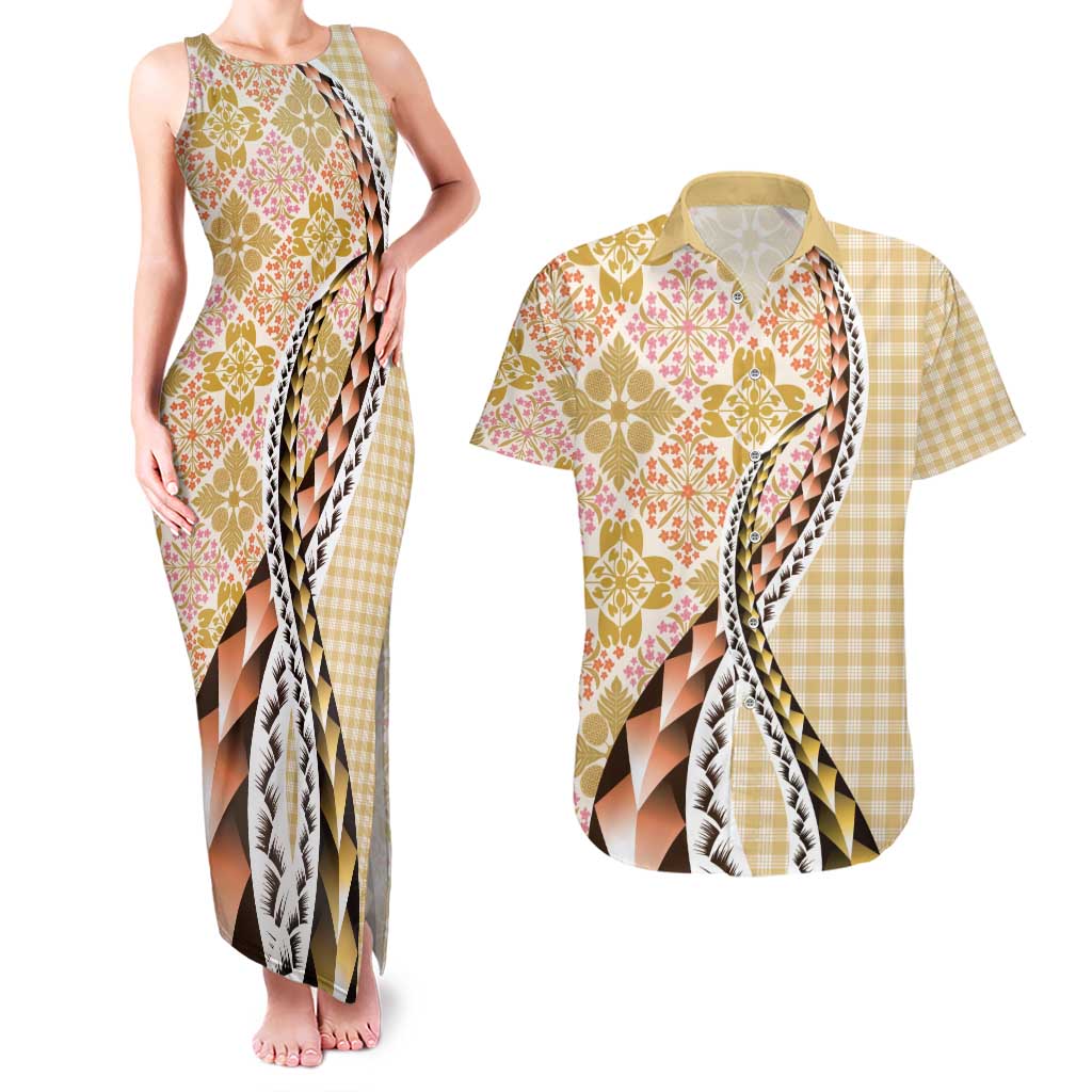 Aloha Vintage Palaka Floral Hawaiian Quilt Couples Matching Tank Maxi Dress and Hawaiian Shirt Melemele Motif - Polynesian Pride