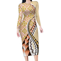 Aloha Vintage Palaka Floral Hawaiian Quilt Family Matching Long Sleeve Bodycon Dress and Hawaiian Shirt Melemele Motif - Polynesian Pride