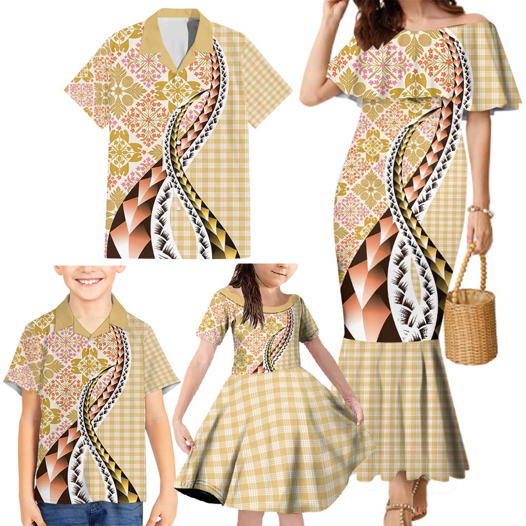 Aloha Vintage Palaka Floral Hawaiian Quilt Family Matching Mermaid Dress and Hawaiian Shirt Melemele Motif - Polynesian Pride