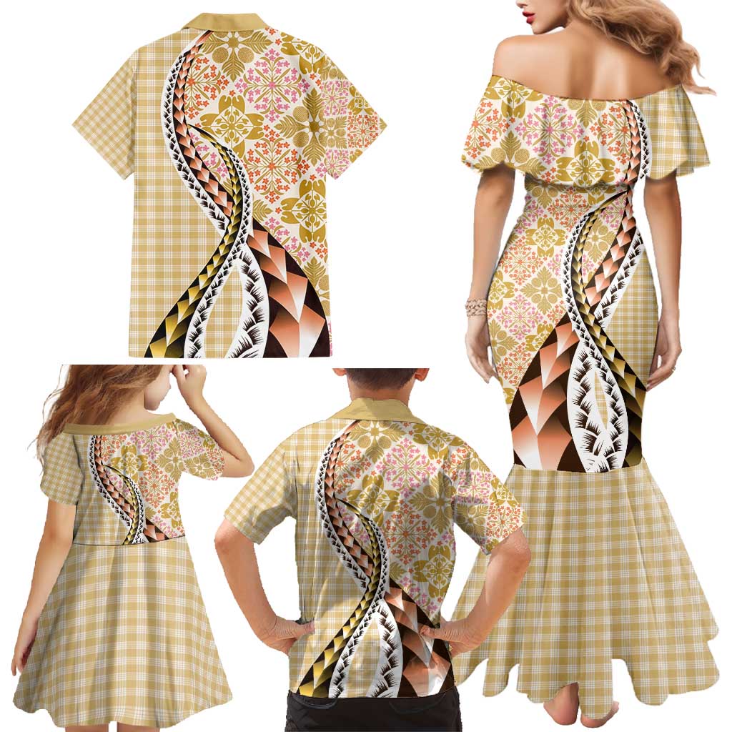 Aloha Vintage Palaka Floral Hawaiian Quilt Family Matching Mermaid Dress and Hawaiian Shirt Melemele Motif - Polynesian Pride