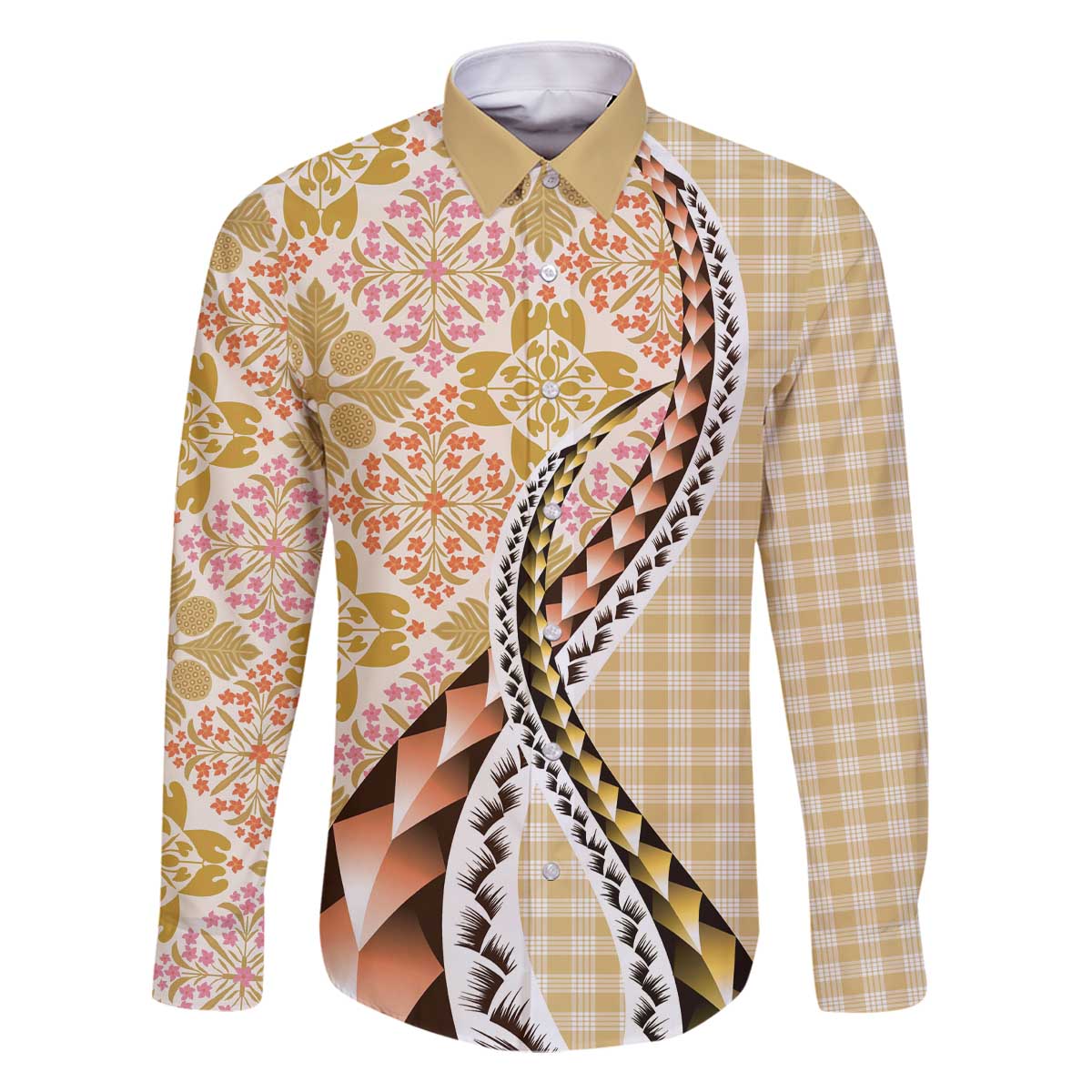 Aloha Vintage Palaka Floral Hawaiian Quilt Family Matching Off The Shoulder Long Sleeve Dress and Hawaiian Shirt Melemele Motif - Polynesian Pride