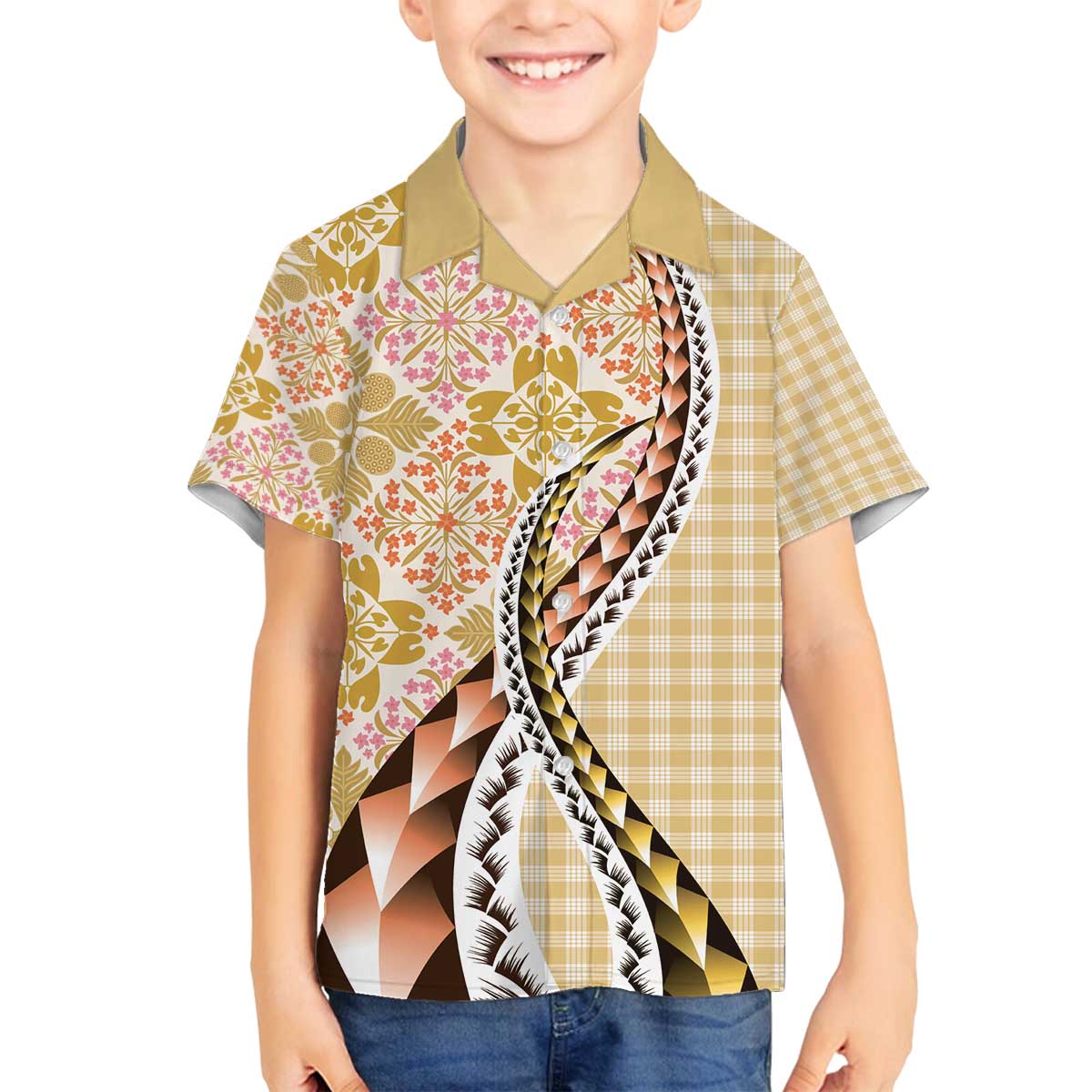 Aloha Vintage Palaka Floral Hawaiian Quilt Family Matching Off The Shoulder Long Sleeve Dress and Hawaiian Shirt Melemele Motif - Polynesian Pride