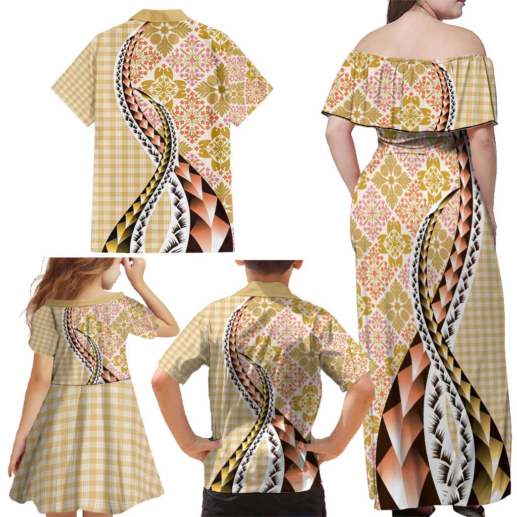 Aloha Vintage Palaka Floral Hawaiian Quilt Family Matching Off Shoulder Maxi Dress and Hawaiian Shirt Melemele Motif - Polynesian Pride