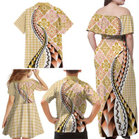 Aloha Vintage Palaka Floral Hawaiian Quilt Family Matching Off Shoulder Maxi Dress and Hawaiian Shirt Melemele Motif - Polynesian Pride