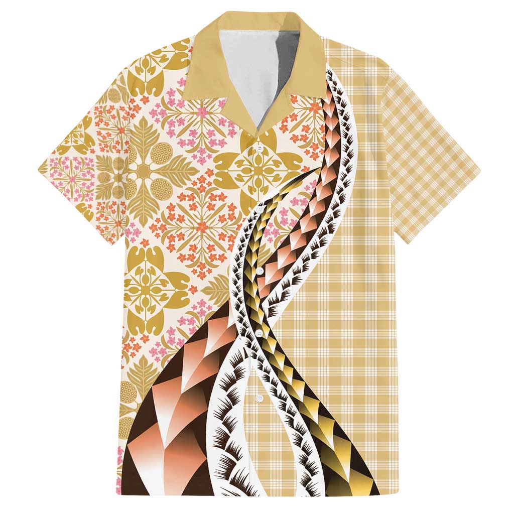 Aloha Vintage Palaka Floral Hawaiian Quilt Family Matching Off Shoulder Maxi Dress and Hawaiian Shirt Melemele Motif - Polynesian Pride