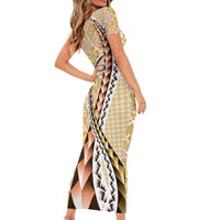 Aloha Vintage Palaka Floral Hawaiian Quilt Family Matching Short Sleeve Bodycon Dress and Hawaiian Shirt Melemele Motif - Polynesian Pride