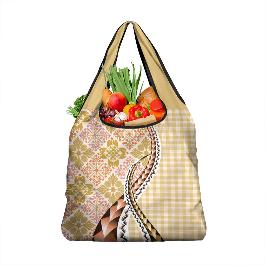 Aloha Vintage Palaka Floral Hawaiian Quilt Grocery Bag Melemele Motif - Polynesian Pride