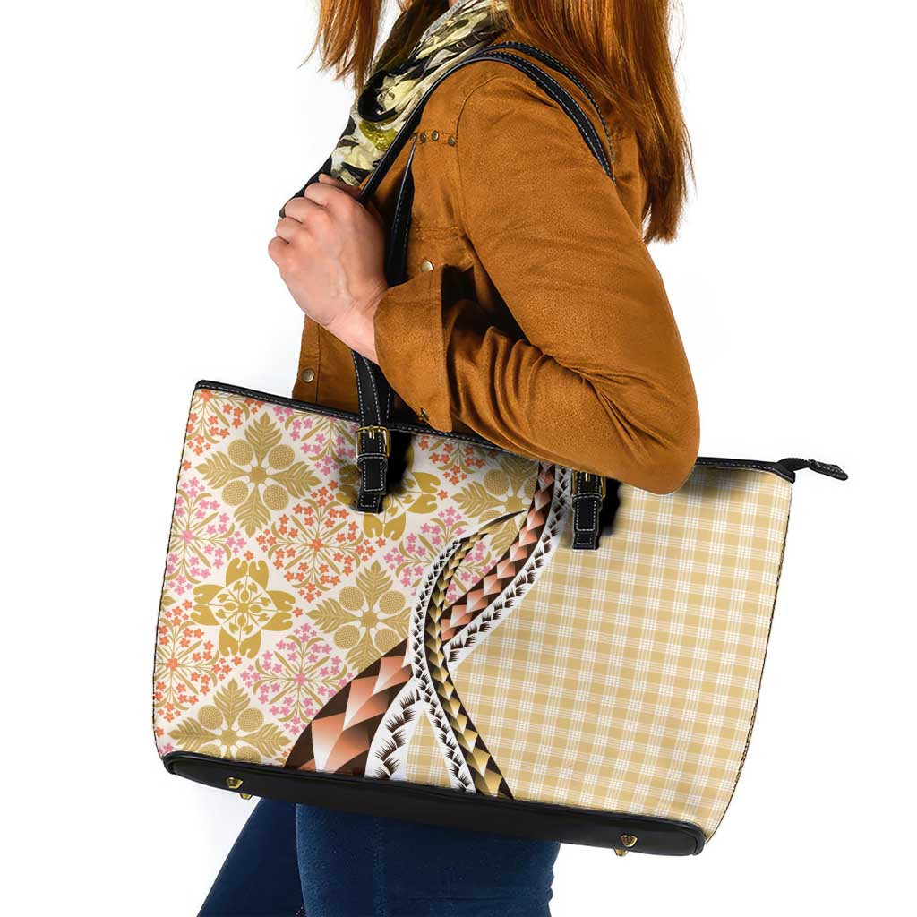 Aloha Vintage Palaka Floral Hawaiian Quilt Leather Tote Bag Melemele Motif - Polynesian Pride