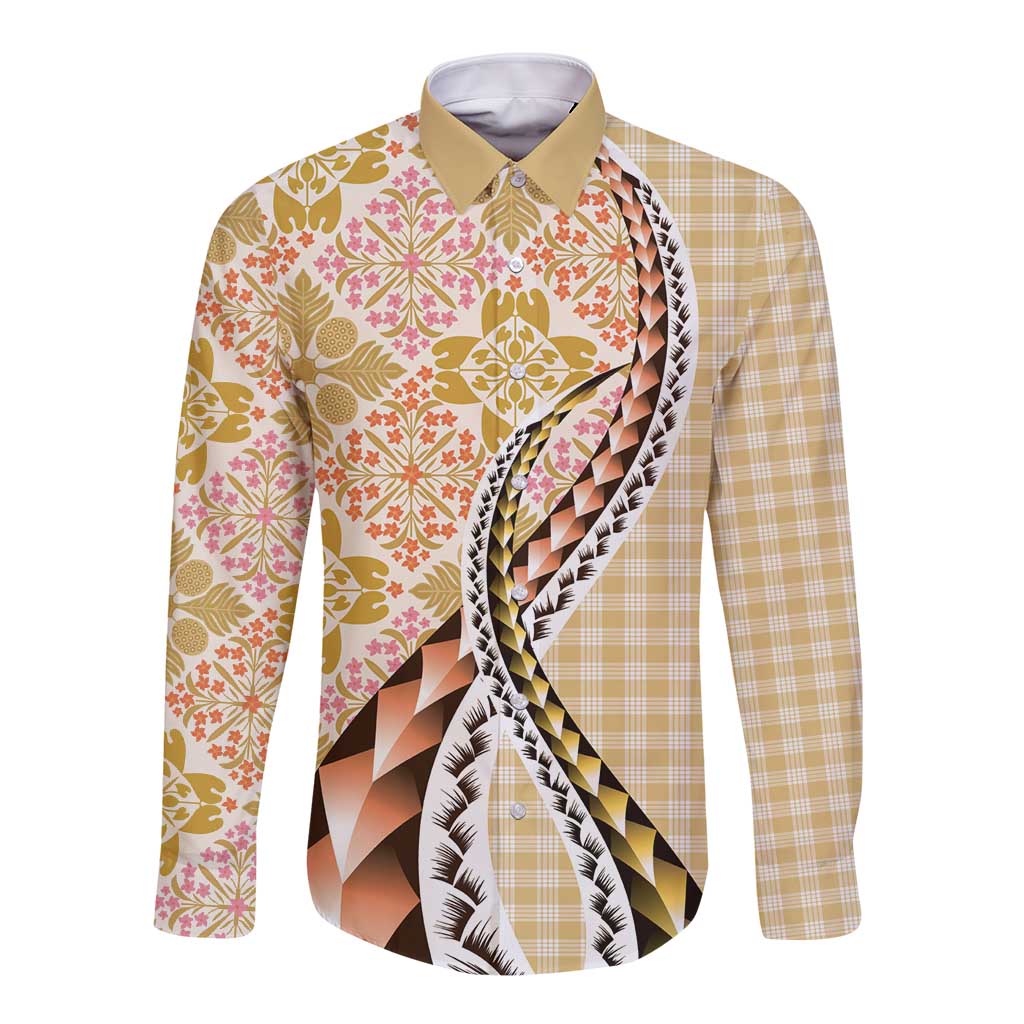 Aloha Vintage Palaka Floral Hawaiian Quilt Long Sleeve Button Shirt Melemele Motif - Polynesian Pride