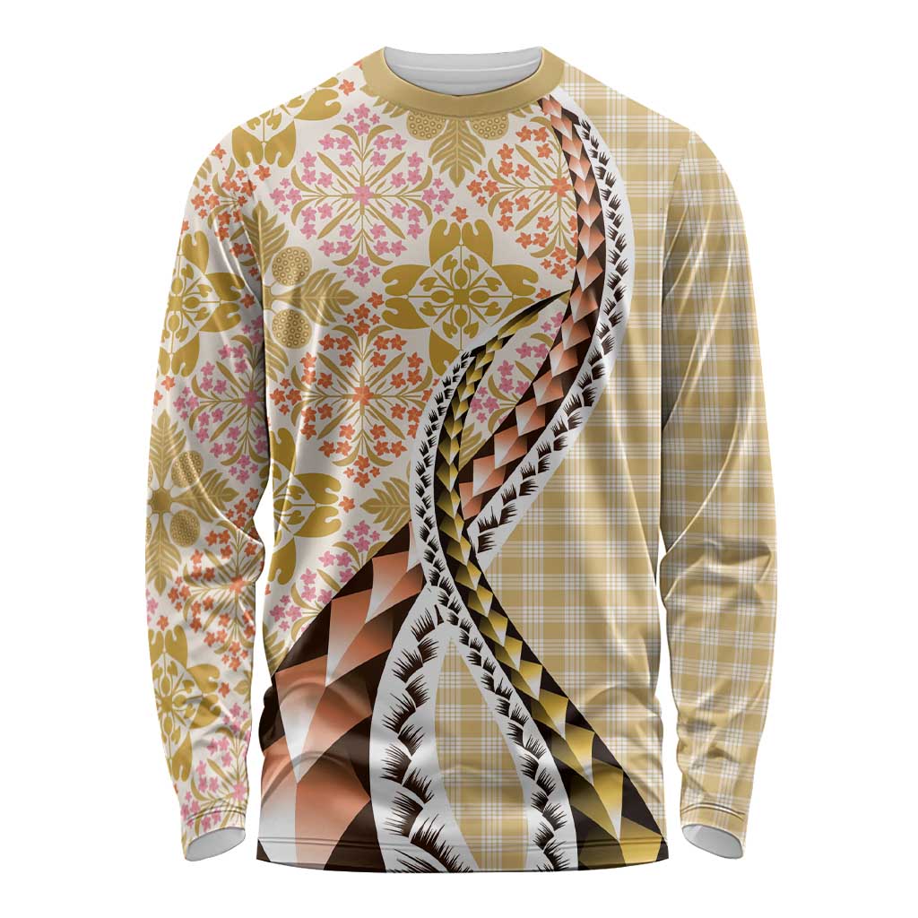 Aloha Vintage Palaka Floral Hawaiian Quilt Long Sleeve Shirt Melemele Motif - Polynesian Pride