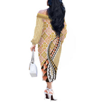 Aloha Vintage Palaka Floral Hawaiian Quilt Off The Shoulder Long Sleeve Dress Melemele Motif - Polynesian Pride