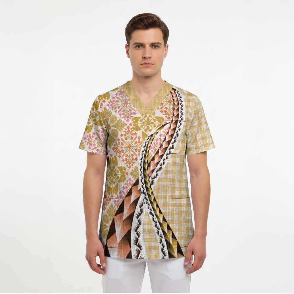 Aloha Vintage Palaka Floral Hawaiian Quilt Scrub Top Melemele Motif - Polynesian Pride