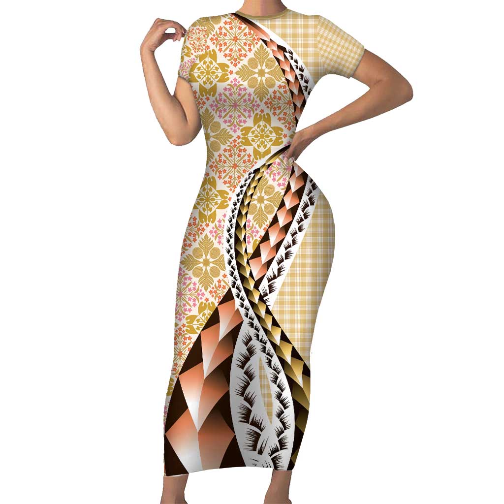 Aloha Vintage Palaka Floral Hawaiian Quilt Short Sleeve Bodycon Dress Melemele Motif - Polynesian Pride