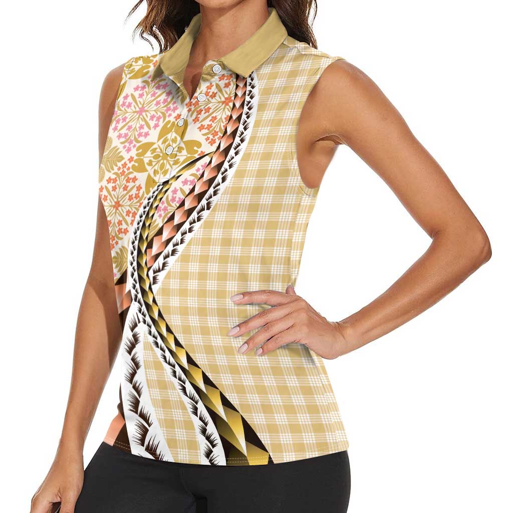 Aloha Vintage Palaka Floral Hawaiian Quilt Women Sleeveless Polo Shirt Melemele Motif - Polynesian Pride