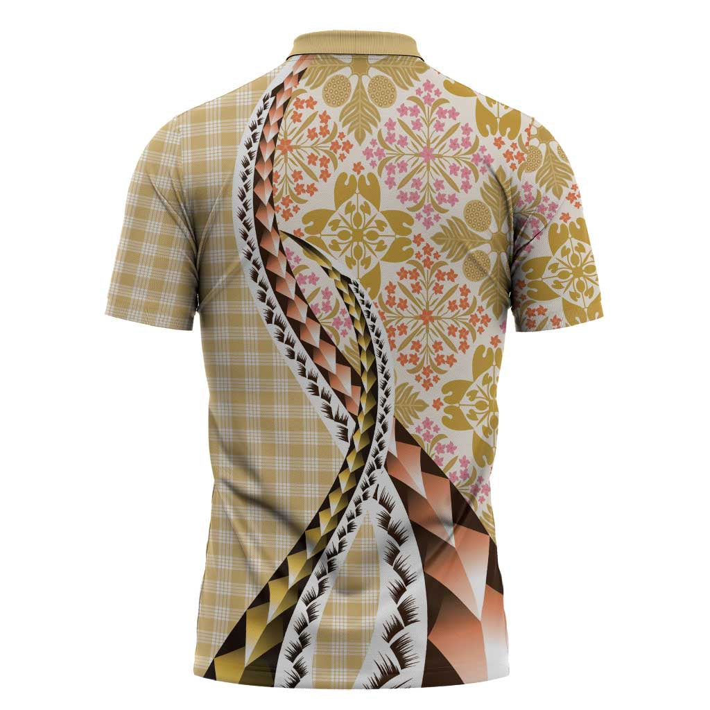 Aloha Vintage Palaka Floral Hawaiian Quilt Zipper Polo Shirt Melemele Motif - Polynesian Pride