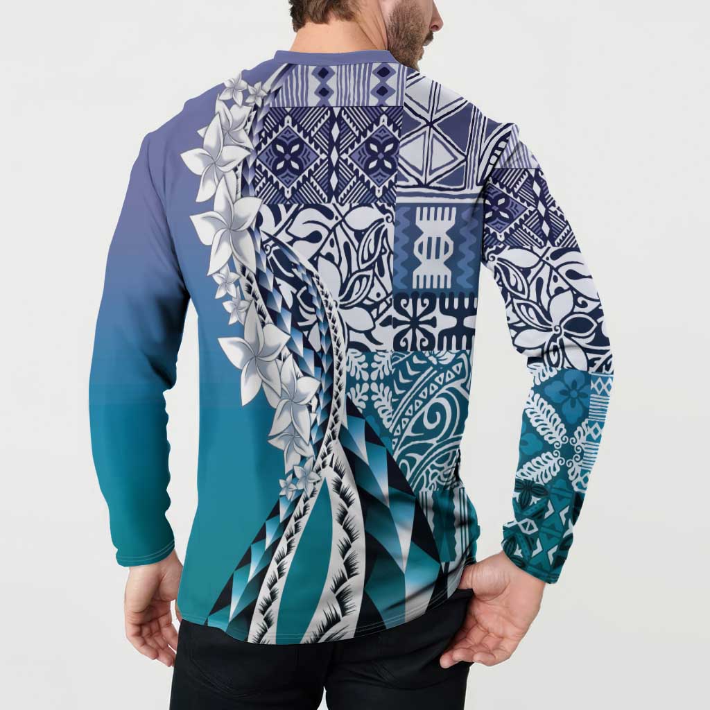 Aloha Vintage Plumeria Hawaiian Tapa Pattern Button Sweatshirt Blue Hawaiian Tapa Pattern - Polynesian Pride