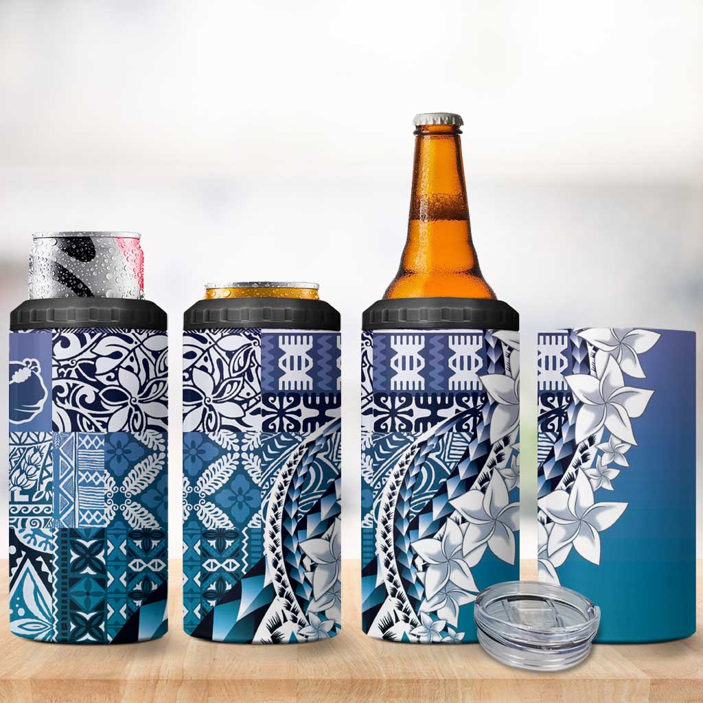 Aloha Vintage Plumeria Hawaiian Tapa Pattern 4 in 1 Can Cooler Tumbler Blue Hawaiian Tapa Pattern - Polynesian Pride