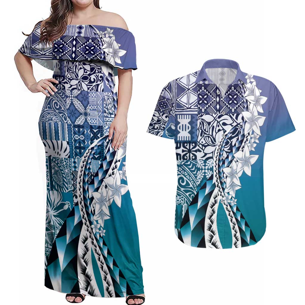 Aloha Vintage Plumeria Hawaiian Tapa Pattern Couples Matching Off Shoulder Maxi Dress and Hawaiian Shirt Blue Hawaiian Tapa Pattern - Polynesian Pride