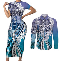 Aloha Vintage Plumeria Hawaiian Tapa Pattern Couples Matching Short Sleeve Bodycon Dress and Long Sleeve Button Shirt Blue Hawaiian Tapa Pattern - Polynesian Pride