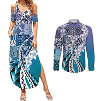 Aloha Vintage Plumeria Hawaiian Tapa Pattern Couples Matching Summer Maxi Dress and Long Sleeve Button Shirt Blue Hawaiian Tapa Pattern - Polynesian Pride
