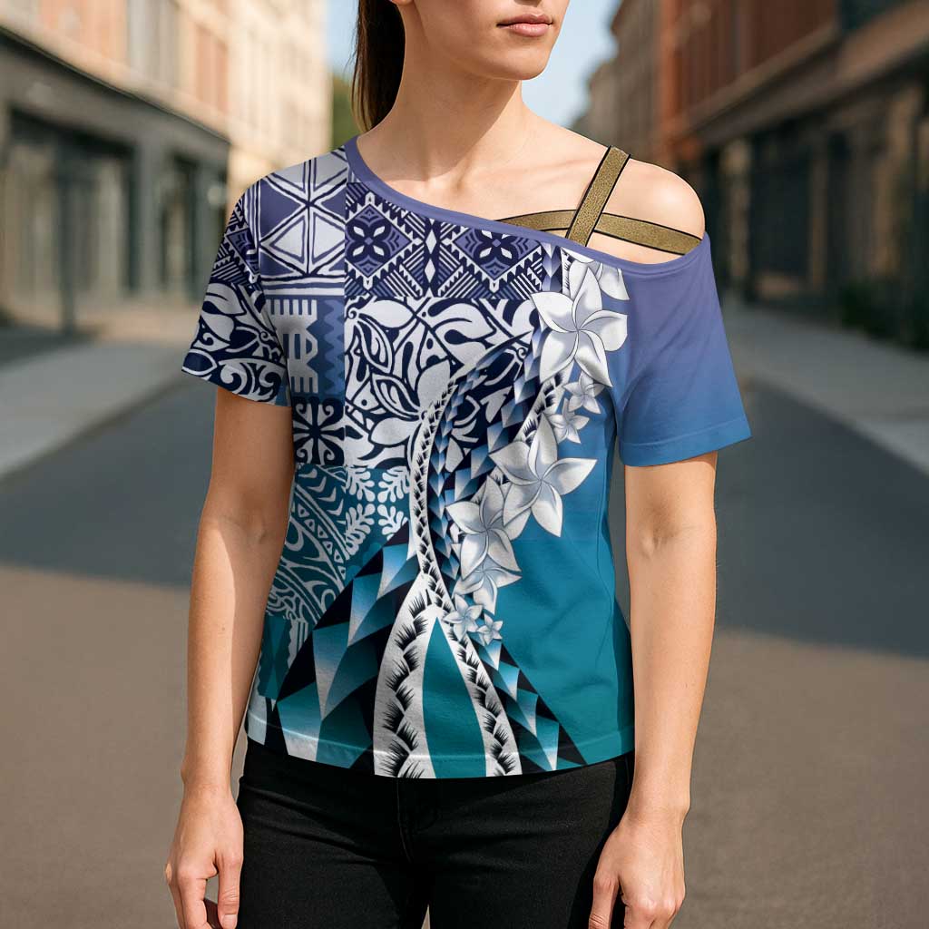 Aloha Vintage Plumeria Hawaiian Tapa Pattern Cross Shoulder Shirt Blue Hawaiian Tapa Pattern - Polynesian Pride