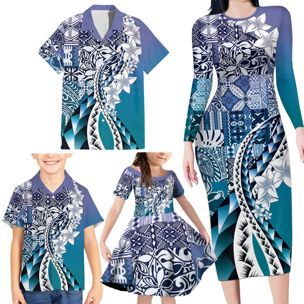 Aloha Vintage Plumeria Hawaiian Tapa Pattern Family Matching Long Sleeve Bodycon Dress and Hawaiian Shirt Blue Hawaiian Tapa Pattern - Polynesian Pride