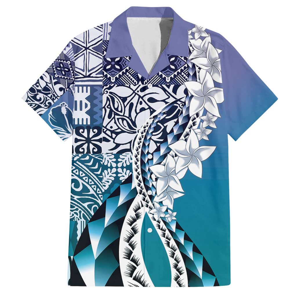 Aloha Vintage Plumeria Hawaiian Tapa Pattern Family Matching Long Sleeve Bodycon Dress and Hawaiian Shirt Blue Hawaiian Tapa Pattern - Polynesian Pride