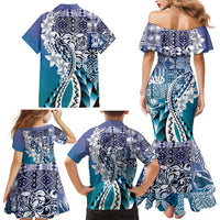 Aloha Vintage Plumeria Hawaiian Tapa Pattern Family Matching Mermaid Dress and Hawaiian Shirt Blue Hawaiian Tapa Pattern - Polynesian Pride