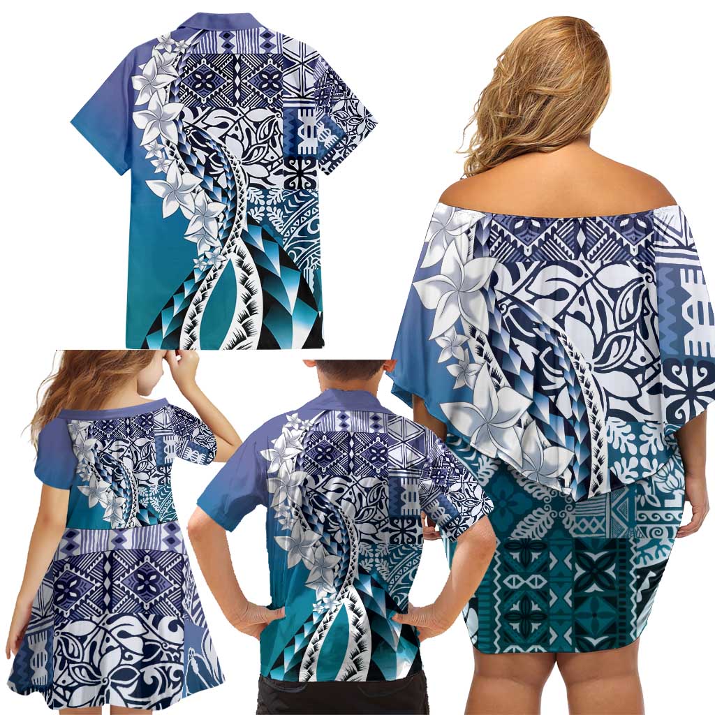 Aloha Vintage Plumeria Hawaiian Tapa Pattern Family Matching Off Shoulder Short Dress and Hawaiian Shirt Blue Hawaiian Tapa Pattern - Polynesian Pride