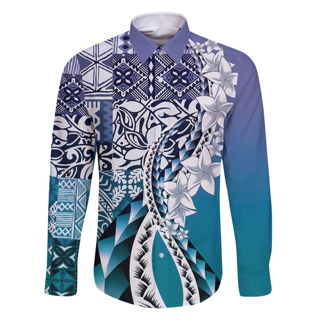 Aloha Vintage Plumeria Hawaiian Tapa Pattern Family Matching Off Shoulder Short Dress and Hawaiian Shirt Blue Hawaiian Tapa Pattern - Polynesian Pride