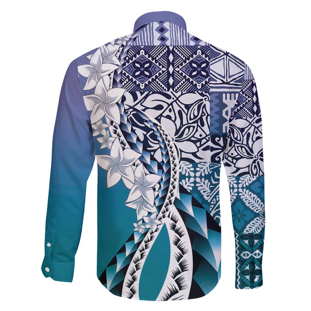 Aloha Vintage Plumeria Hawaiian Tapa Pattern Family Matching Off Shoulder Short Dress and Hawaiian Shirt Blue Hawaiian Tapa Pattern - Polynesian Pride